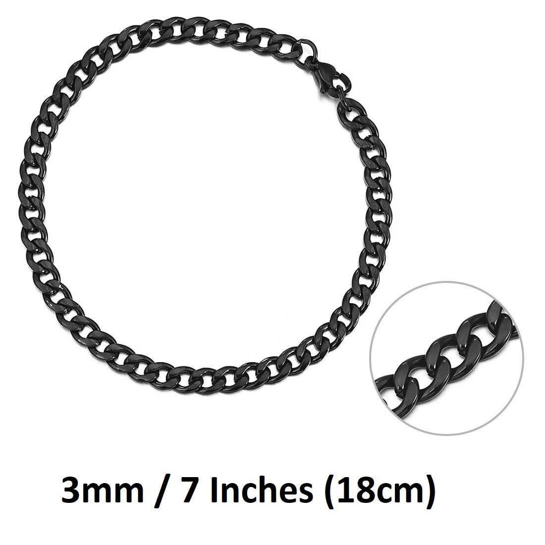*UK* Black Stainless Steel Bracelet 3mm 7 Inch / 18cm Curb Mens Cuban Chain