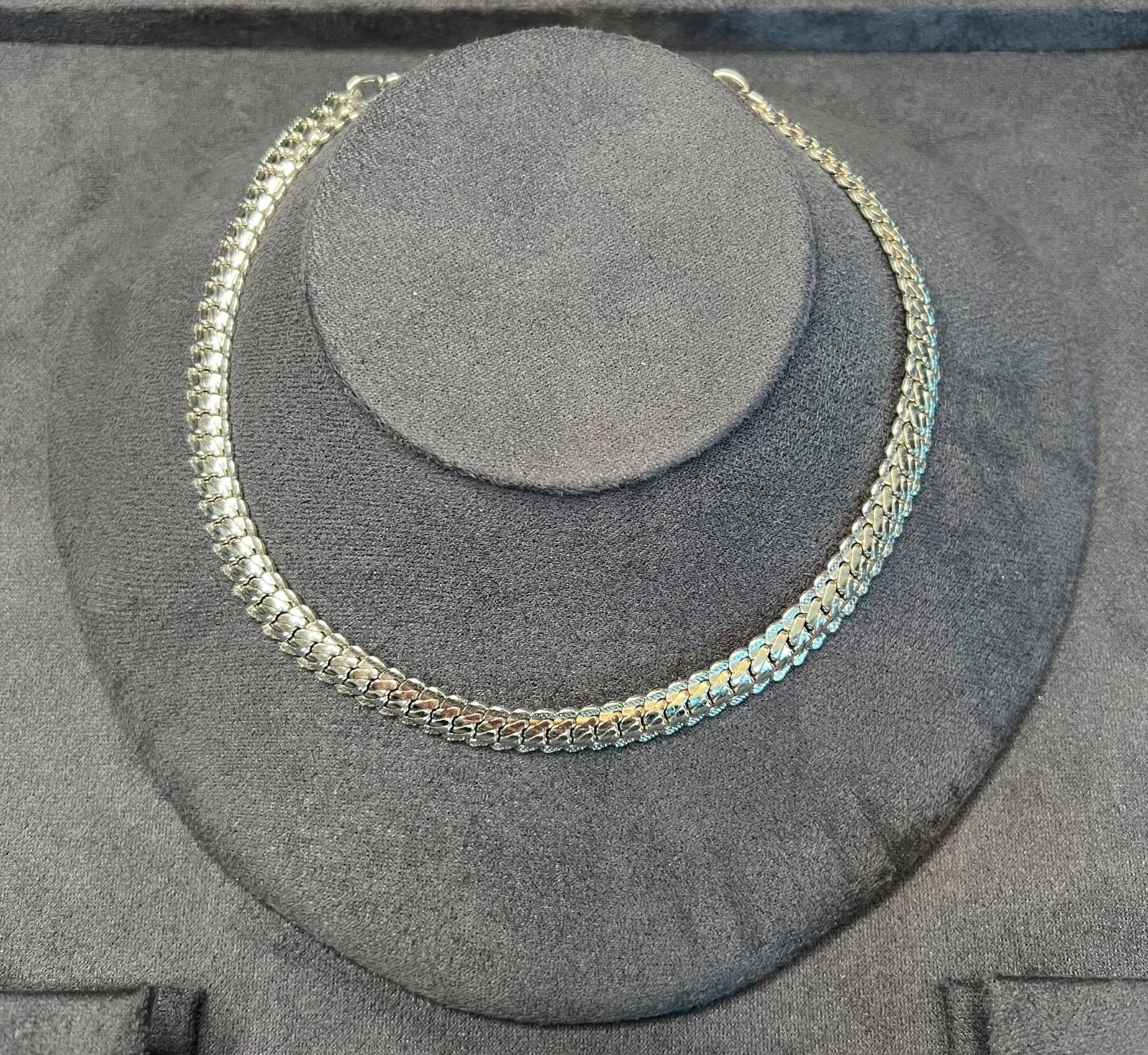 Vintage W. Germany Silver Tone Chainmail Choker Necklace FlatMesh Collar 32-40cm