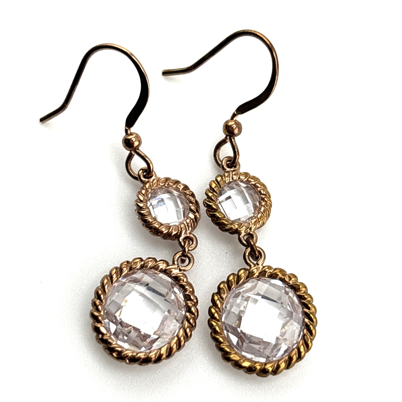 Rose Gold Tone Glass Faceted Clear Open Bezel Set Necklace Earrings Set 35″-37″