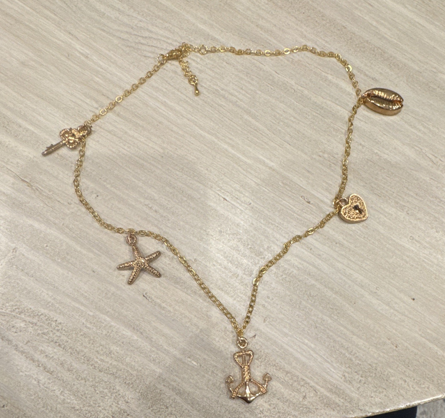 Gold Tone Nautical Beach Charm Necklace Anchor Starfish Shell Heart Cable Chain