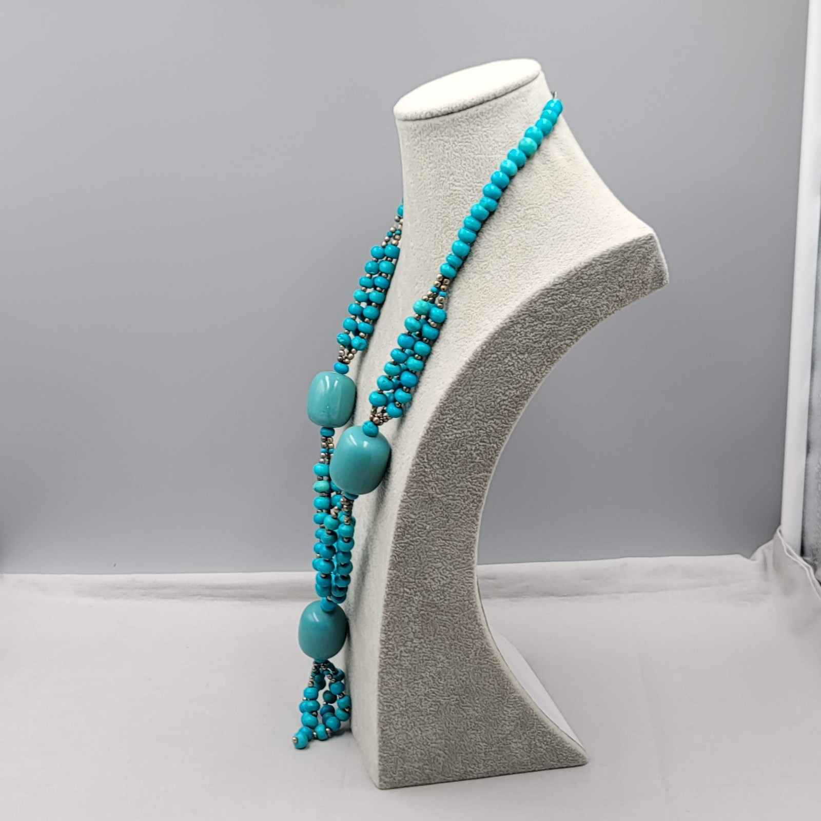 Turquoise Blue Resin Statement Bead Necklace Tassel Pendant 24″