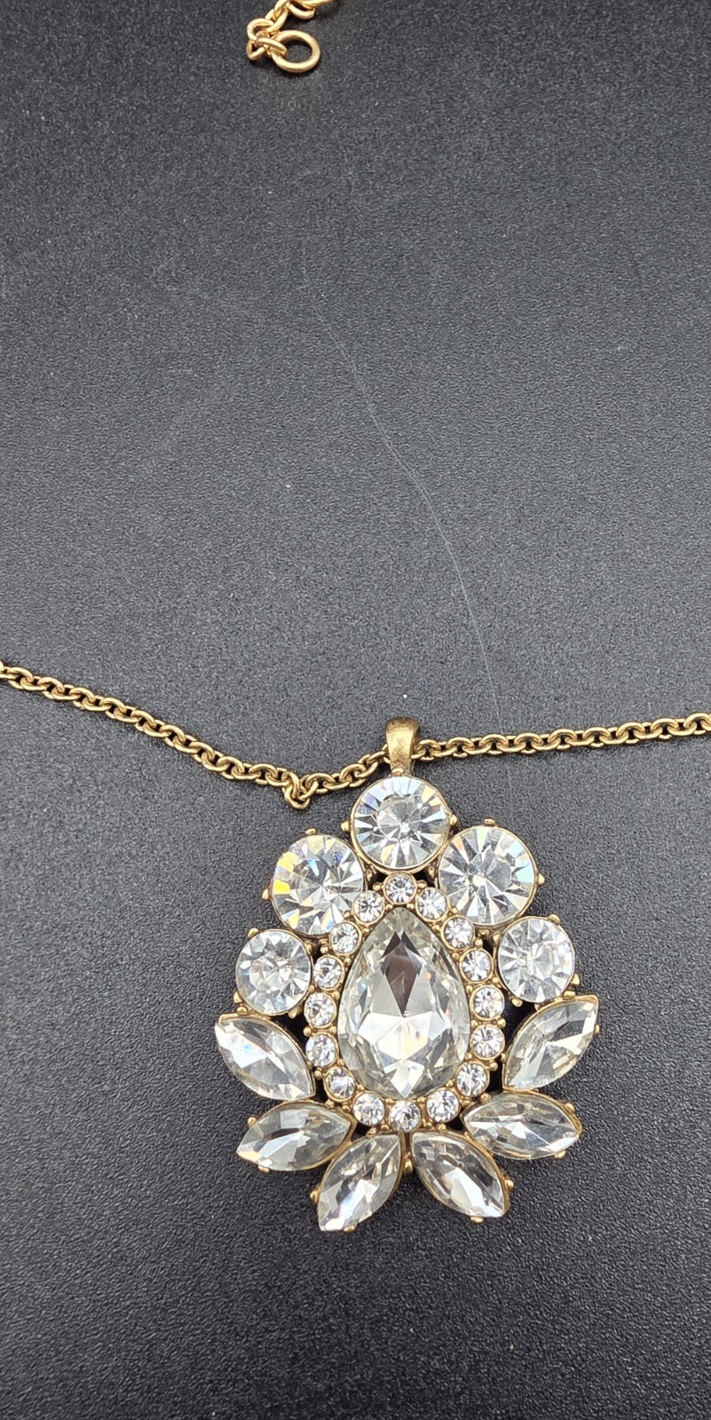 J. Crew Stamped Gold Tone Crystal Rhinestone Teardrop Pendant | Adjustable