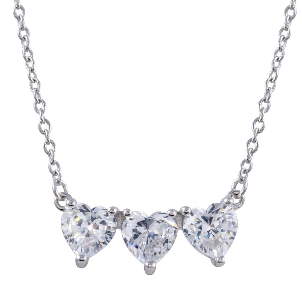 THREE HEARTS NECKLACE PENDANT W/ LAB CREATED DIAMONDS 925 STERLING SILVER