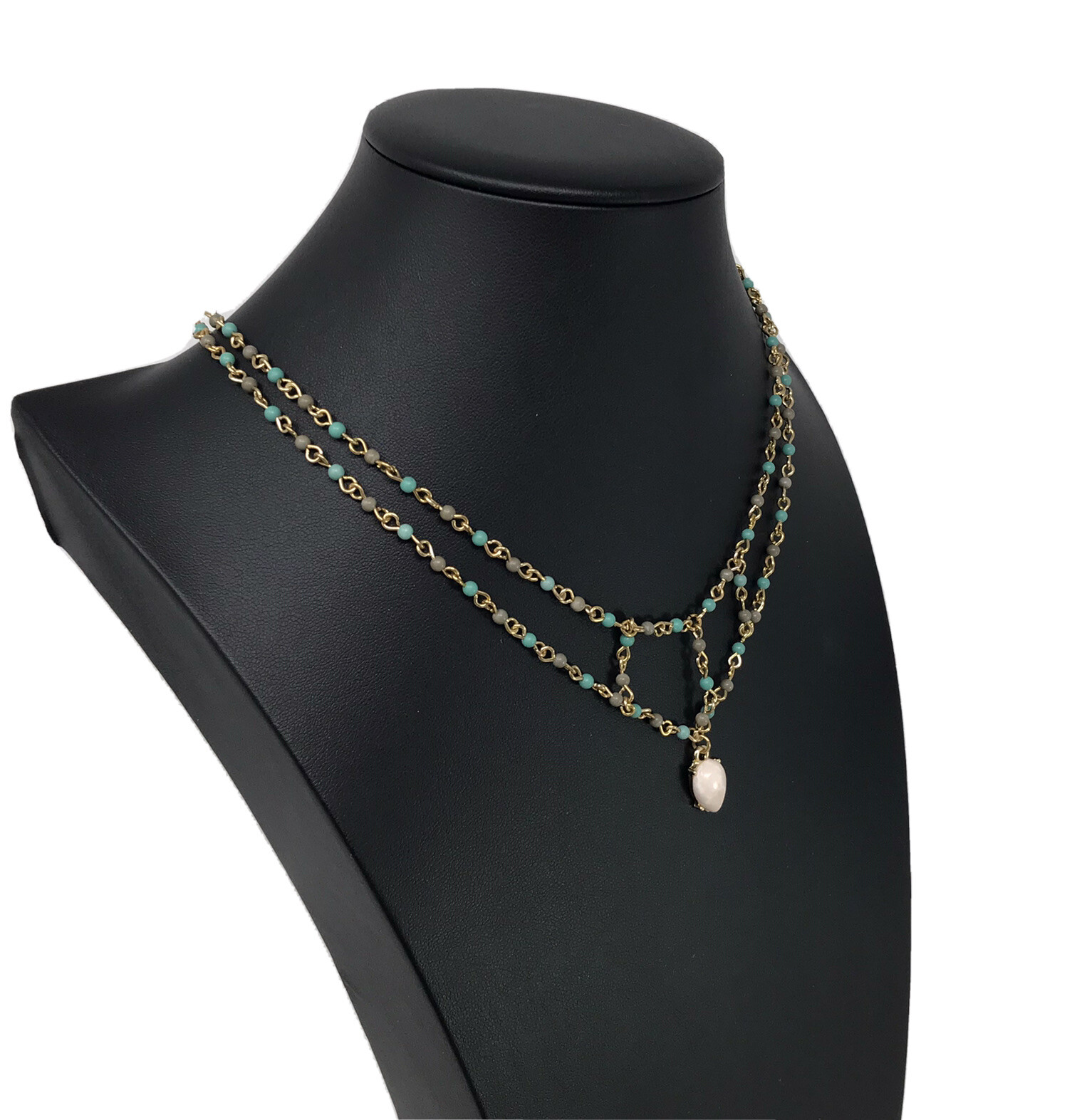 BAUBLEBAR Pendant Necklace Double Strand Swag Links Turquoise Gray Beads 16-18″