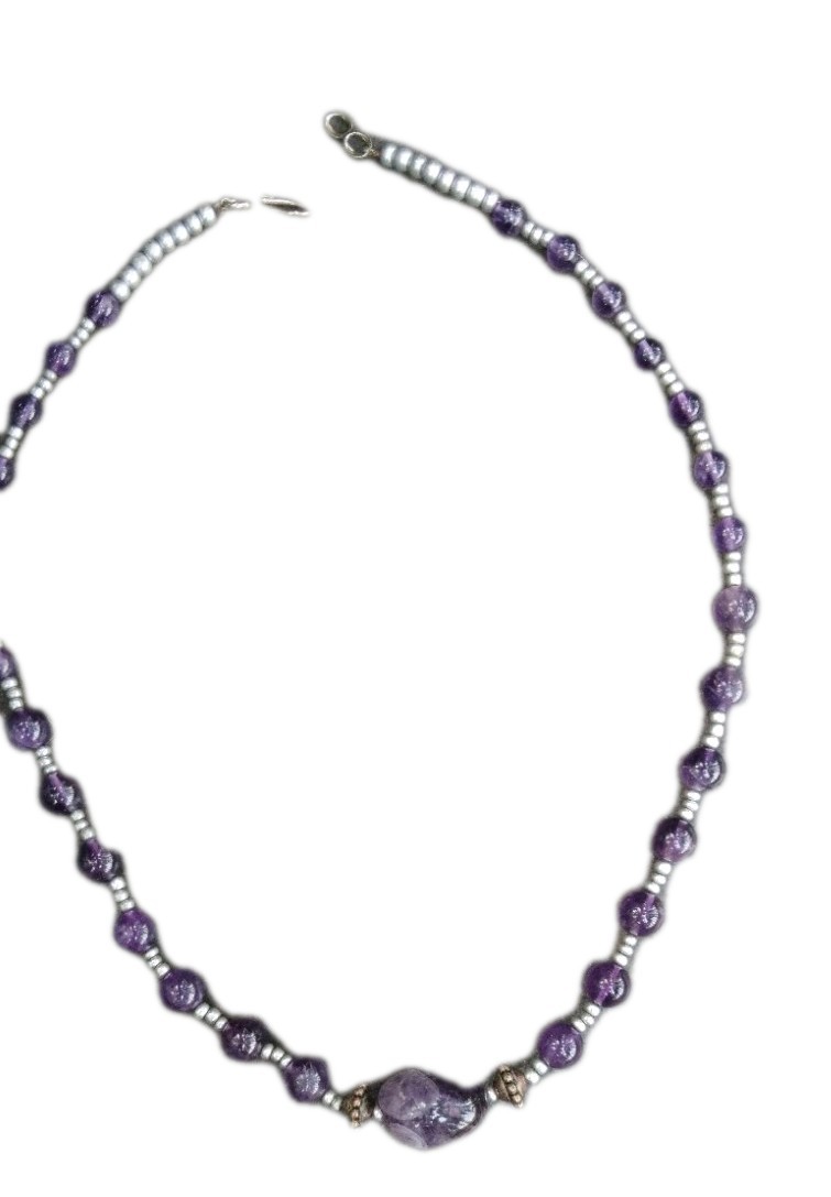 Purple Round Amethyst Beaded Necklace Silver Tone Hook Closure