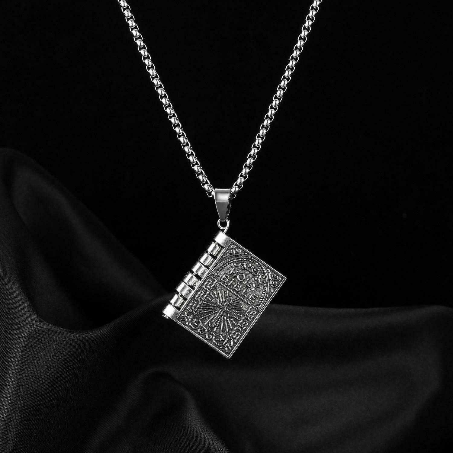 2PCS Lord’s Prayer Holy Bible Open Pages Locket Pendant Necklace 925 Silver USA