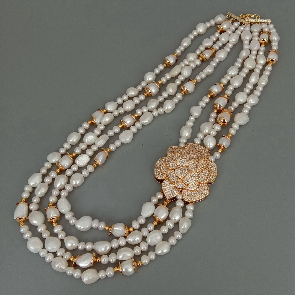 4 Strands Cultured White Baroque Pearl Cubic Zirconia Pave Pendant Necklace 19