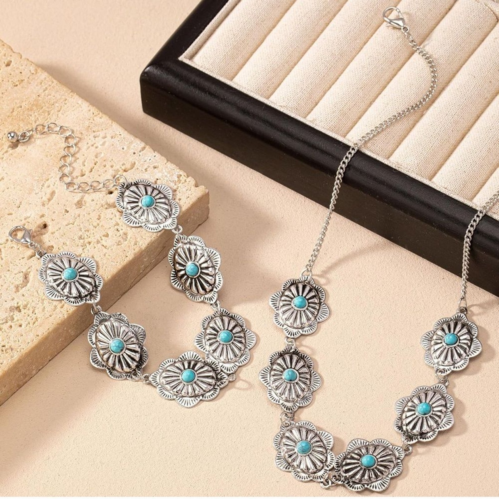 Boho Silver-Tone Turquoise Flower Necklace & Bracelet Set