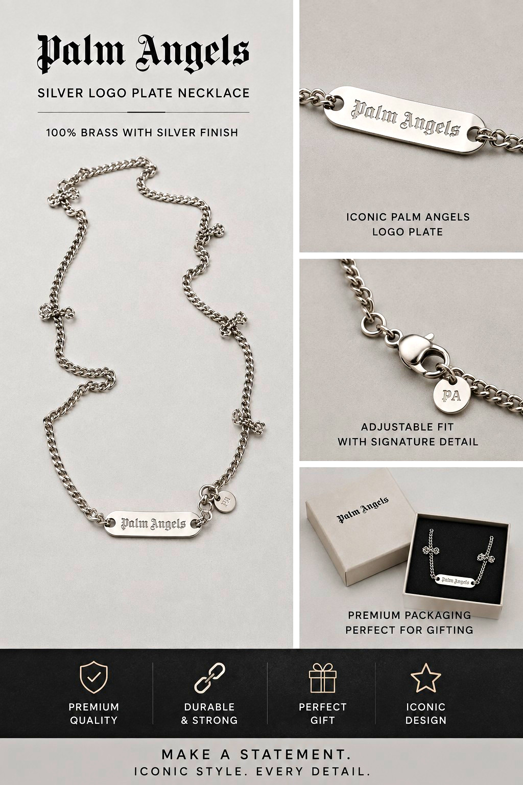 Palm Angels Silver Finish Brass Logo Plate Necklace, Adjustable Curb Link