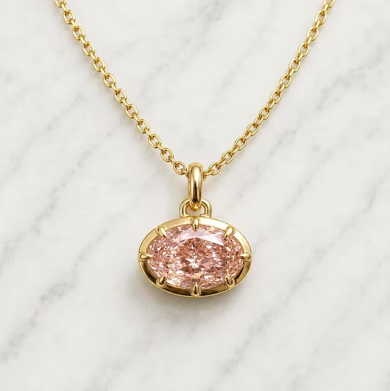 2.00Ct Oval Cut Simulated Pink Sapphire Pendant Necklace 14K Yellow Gold Plated