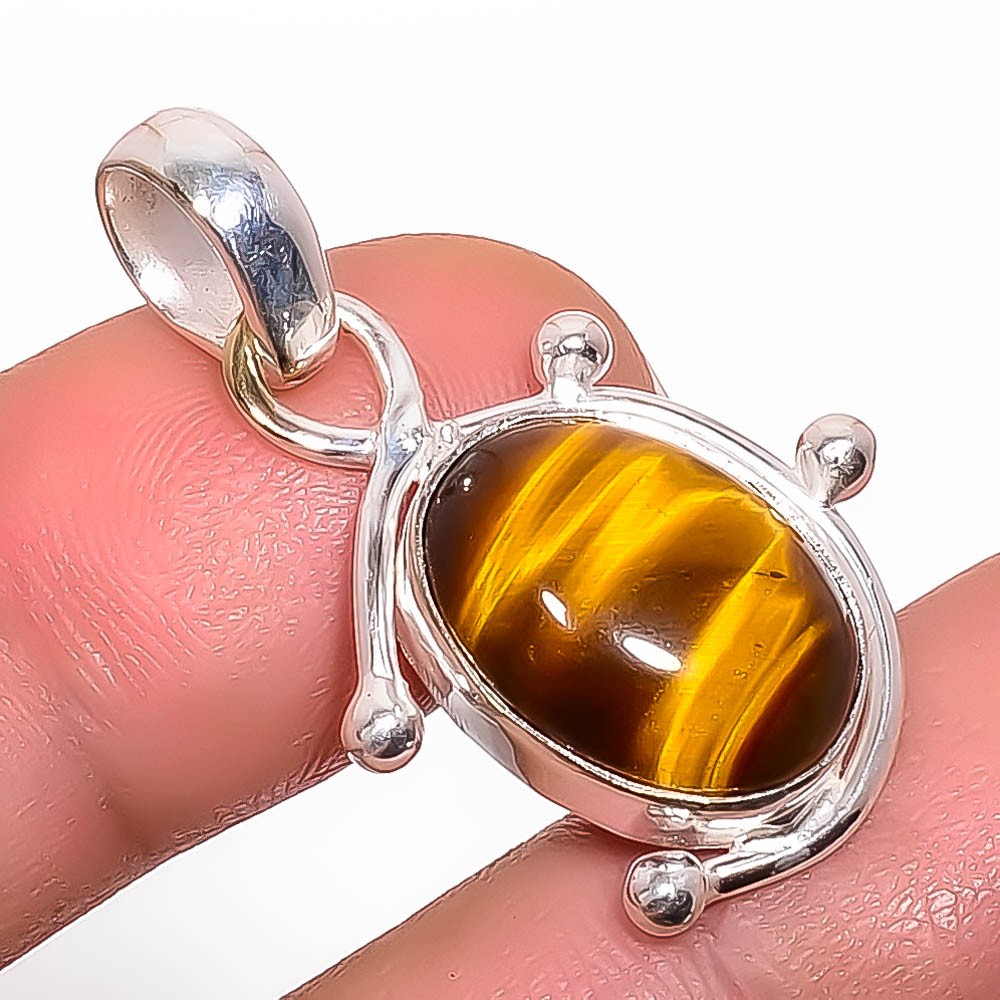Natural Yellow Tiger Eye – South Africa 925 Silver Plated Pendant 1.37″ P3-2