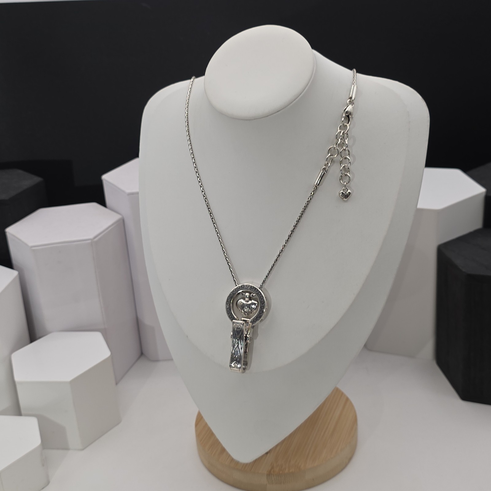 Brighton Floating Heart Badge Clip Necklace Lanyard Crystal Accent Adj. 36″