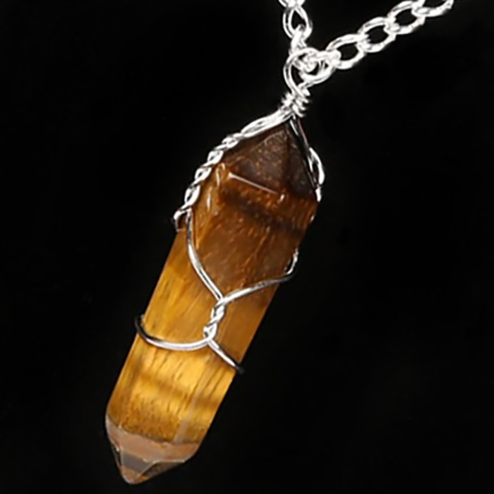 Wire Wrapped Tiger Eye Point Pendant Chakra Crystal Pendant Silver Wrap Necklace