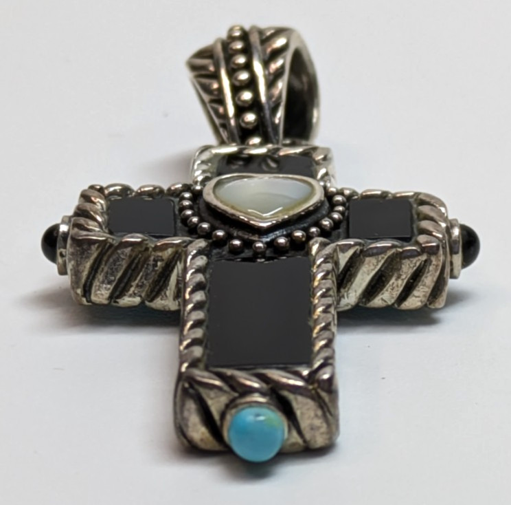 Sterling Silver SX Thailand Reversible Turquoise Onyx Mother of Pearl Pendant 2″