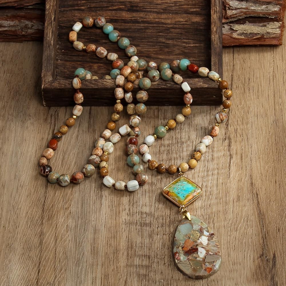 Versatile 35-Inch Bohemian Necklace with Natural Stone Pendant – Gift Ready