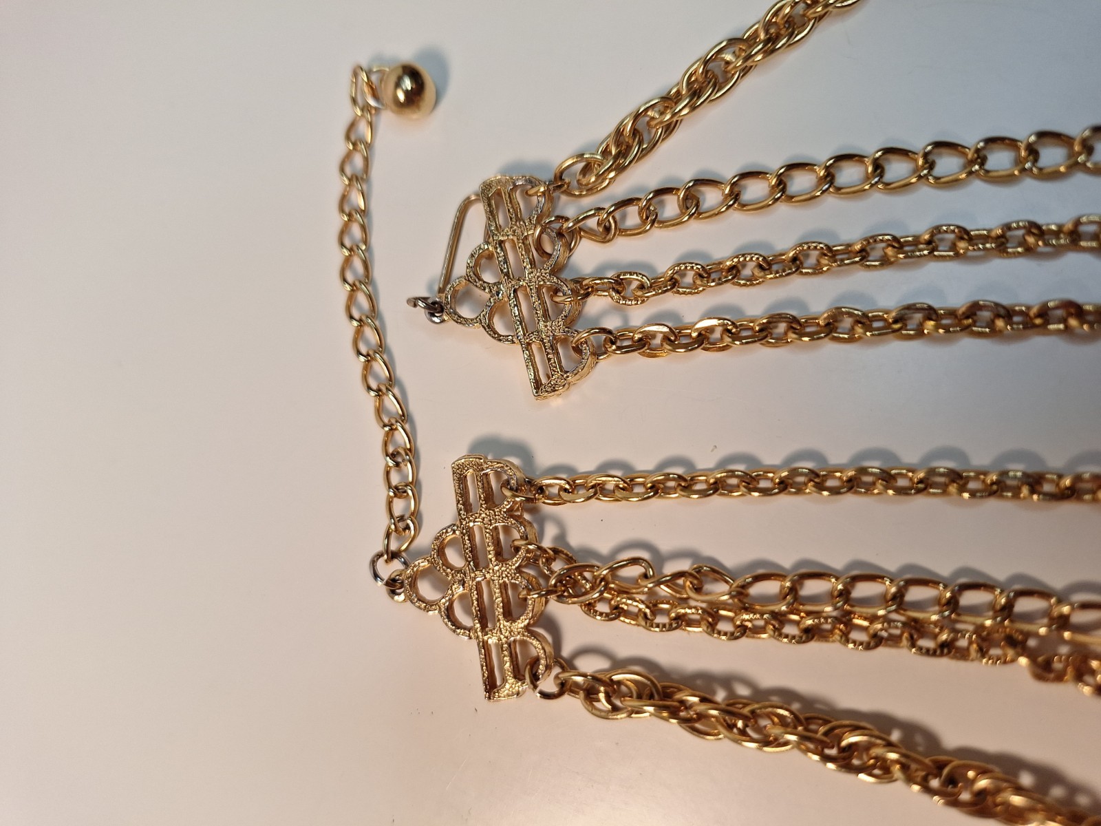 Goldtone Necklace With Multiple Layered Chains & Marquise-cut Green Gemstones