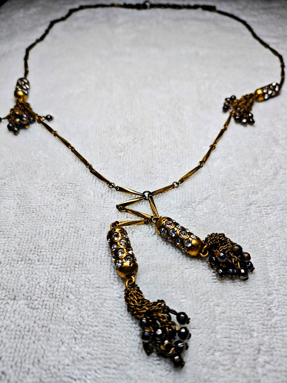 J Crew Brass Link Chain Necklace Clear Crystal Tassel Necklace