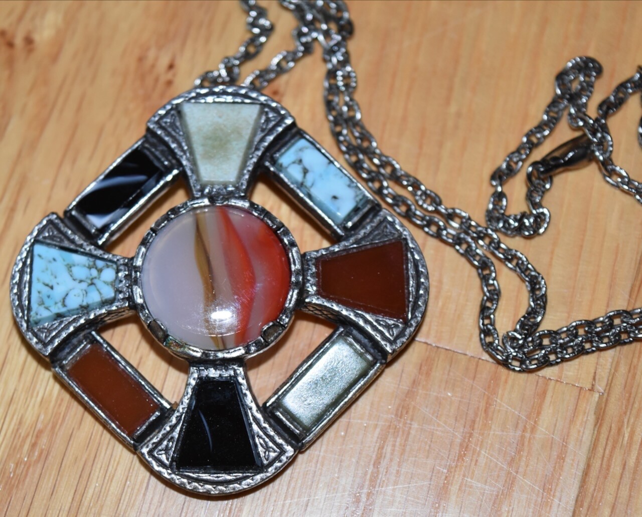 Lot of 2 Miracle Brooch & Celtic Cross Pendant Necklace Pin Faux Agate England