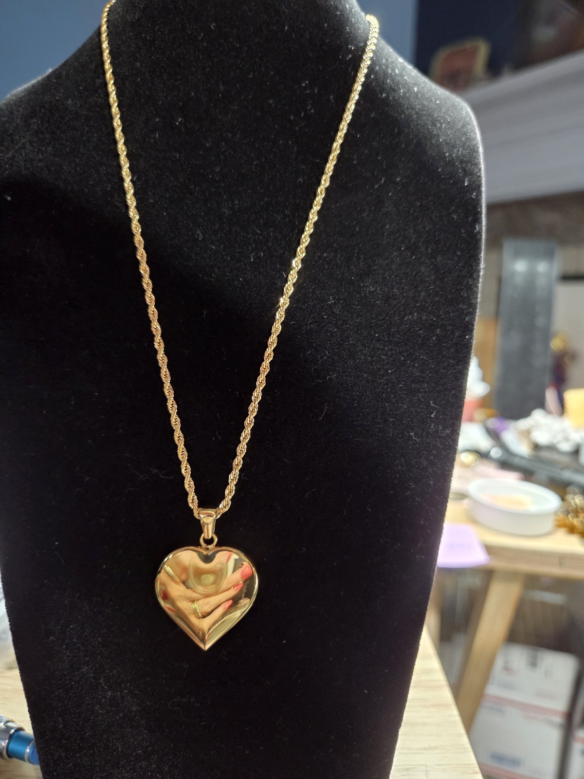 Gold Tone Rope Chain Necklace Puffy Heart Pendant Adult Phrase Inscription 16″