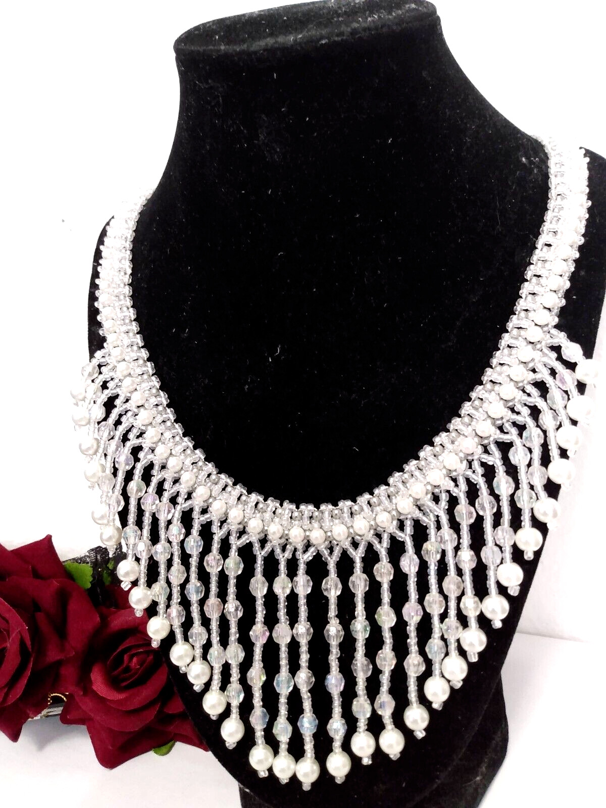 x159 – Dainty Glass Seed Bead Bib Choker Elegant Handmade 10″ White Wedding Gift