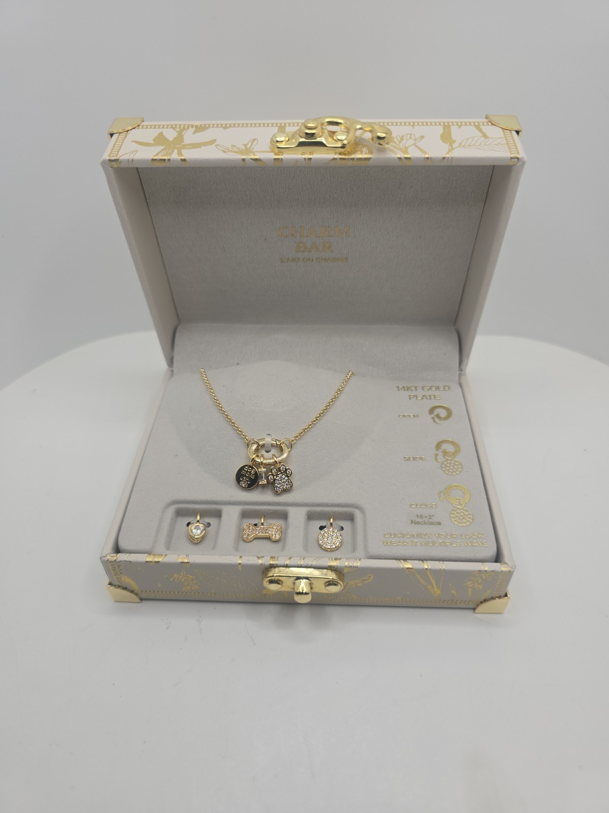 Charm Bar 14K- GP Customizable DOG Necklace Set 6 Charms NEW With Trunk Box