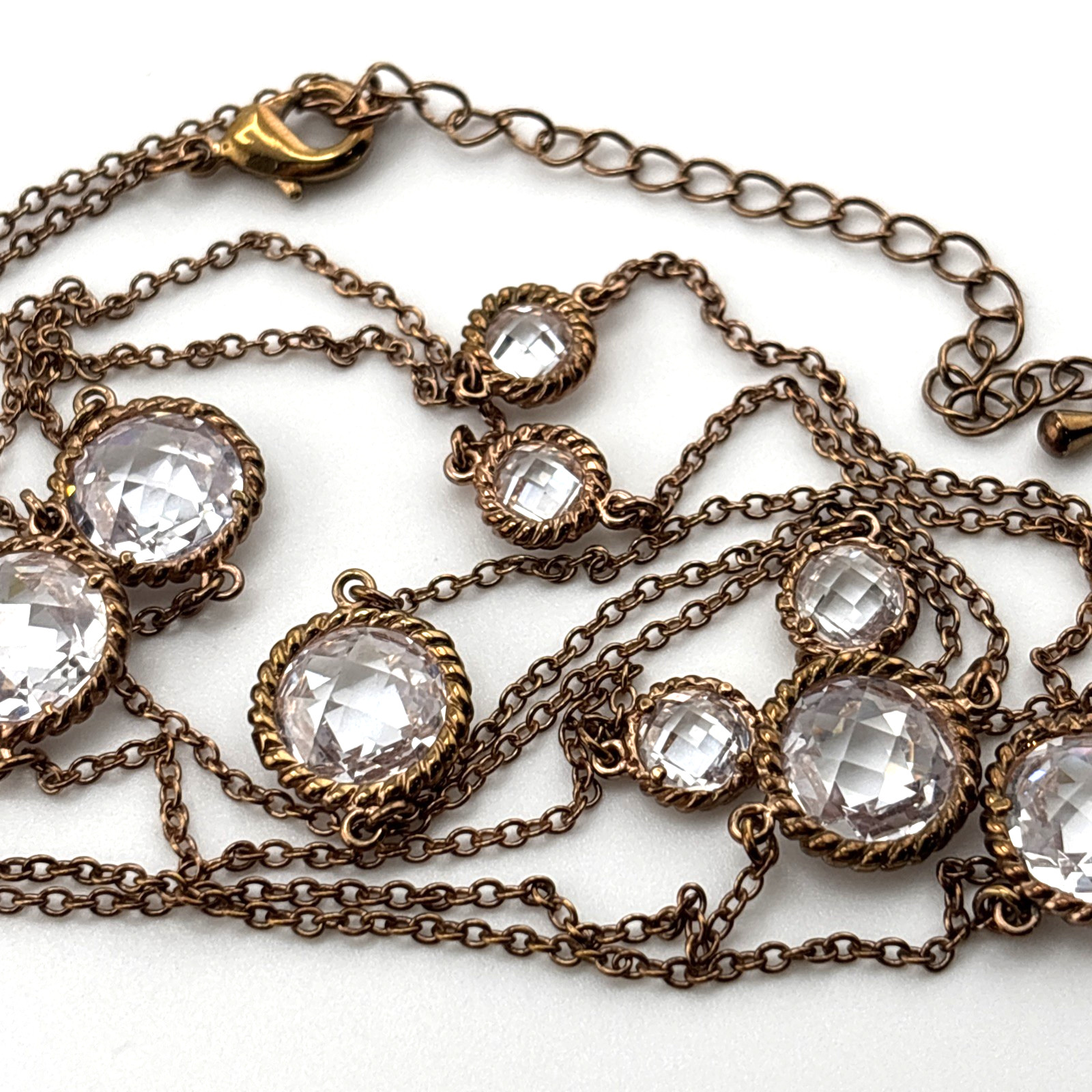 Rose Gold Tone Glass Faceted Clear Open Bezel Set Necklace Earrings Set 35″-37″