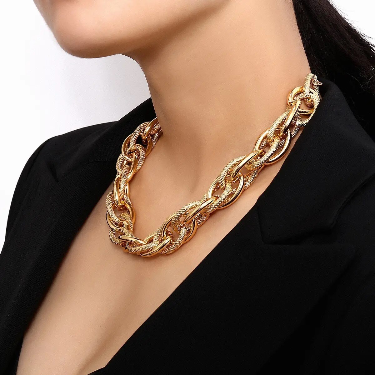 Chunky Choker Gold Necklace – Cuban Link Chain Double O Link Necklaces Hip-hop