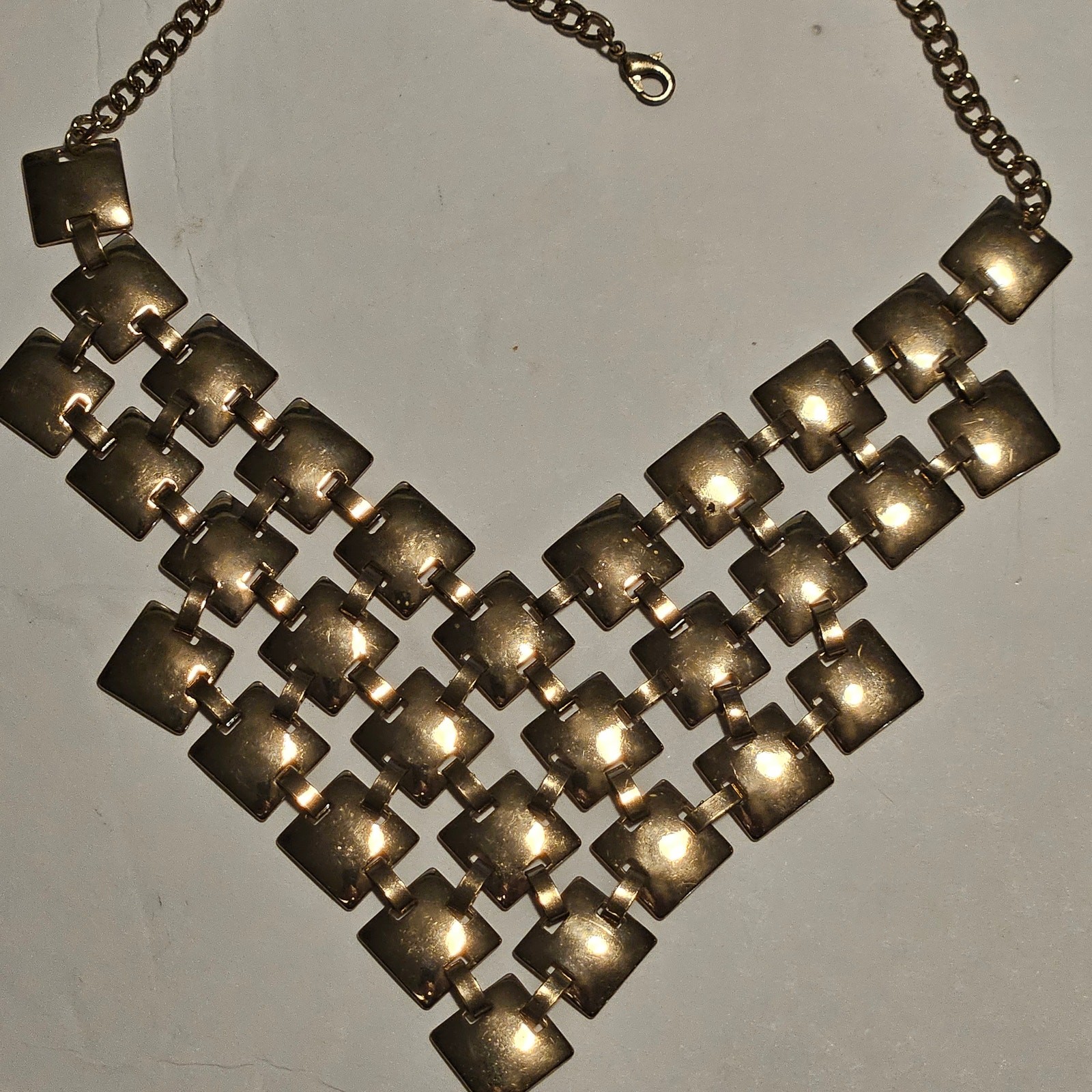 Gold Geometric Square Plate Mesh Bib Statement Necklace V-Shape Collar Chain