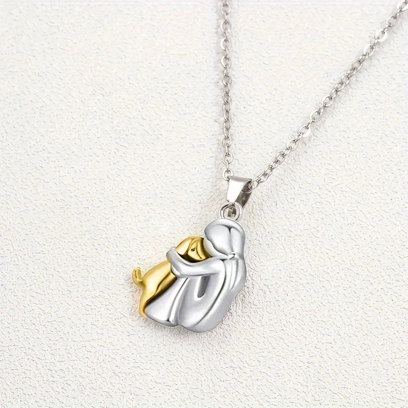 Pet Lover Necklace Pendant Woman Hugging Dog Gift Zinc Alloy Chain Jewelry