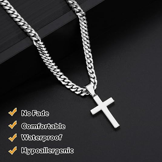 Simple Cross Necklace for Men Women with 18-26 Inch Chunky Cuban Chain, Durab…