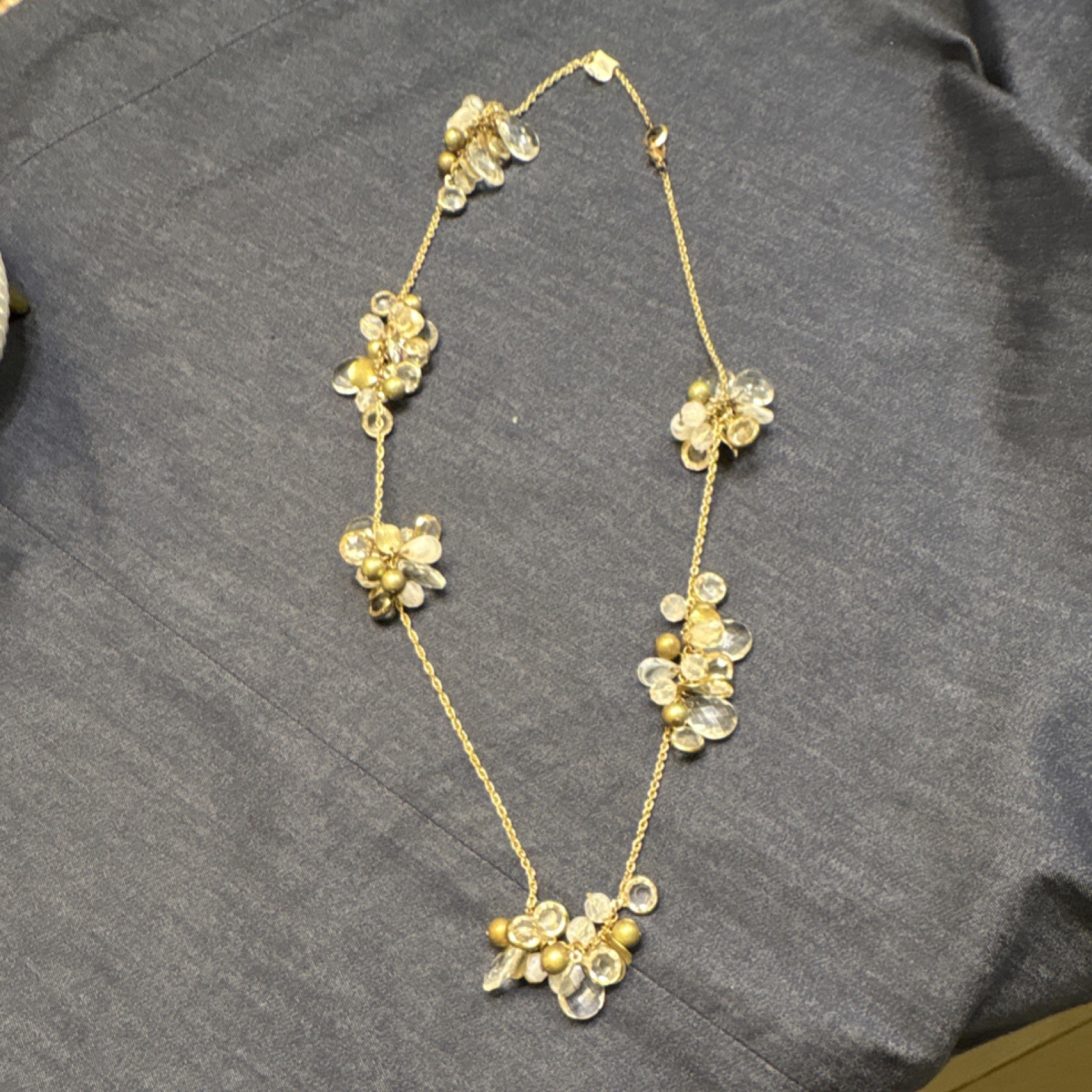 Gold Clear Crystal Flower Pendant Statement Beaded Necklace Cable Chain
