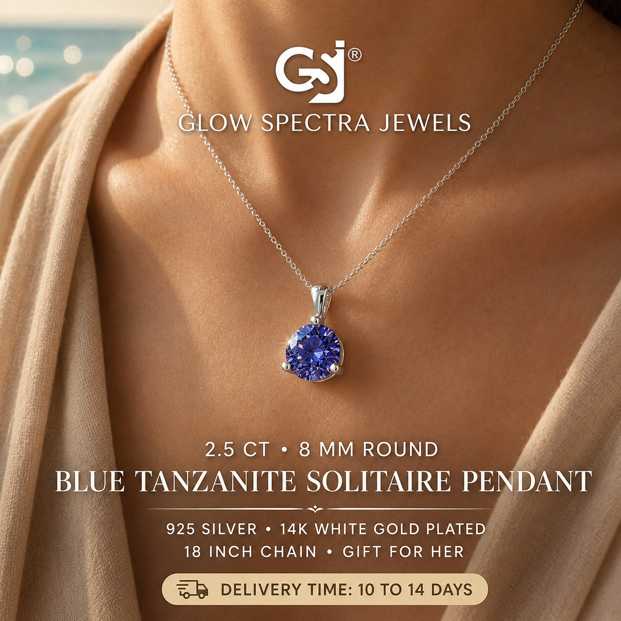 2.50Ct Round Blue Tanzanite Solitaire Women Pendant 14K White Gold Plated