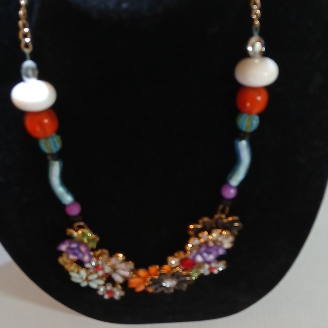 Multicolor Beaded Original Statement Flower Necklace Floral Crystal Accents 1of1