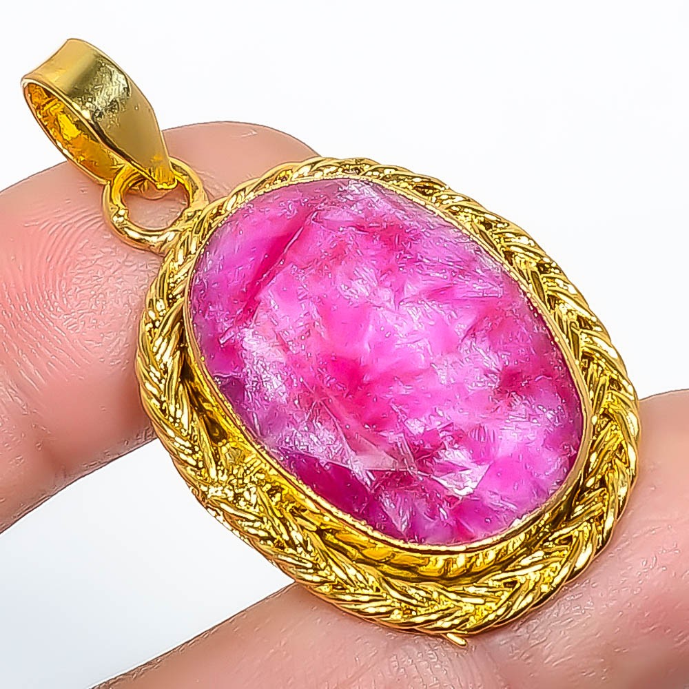 Ruby (Lab-Created) Gemstone 925 Silver Gold Plated Pendant 1.76″ P7622-284