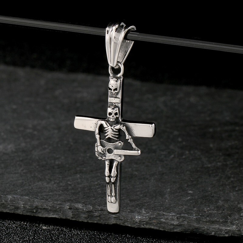 Stainless Steel Rock Instrument Music Punk Cross Skull Pendant Ball Necklace 24′