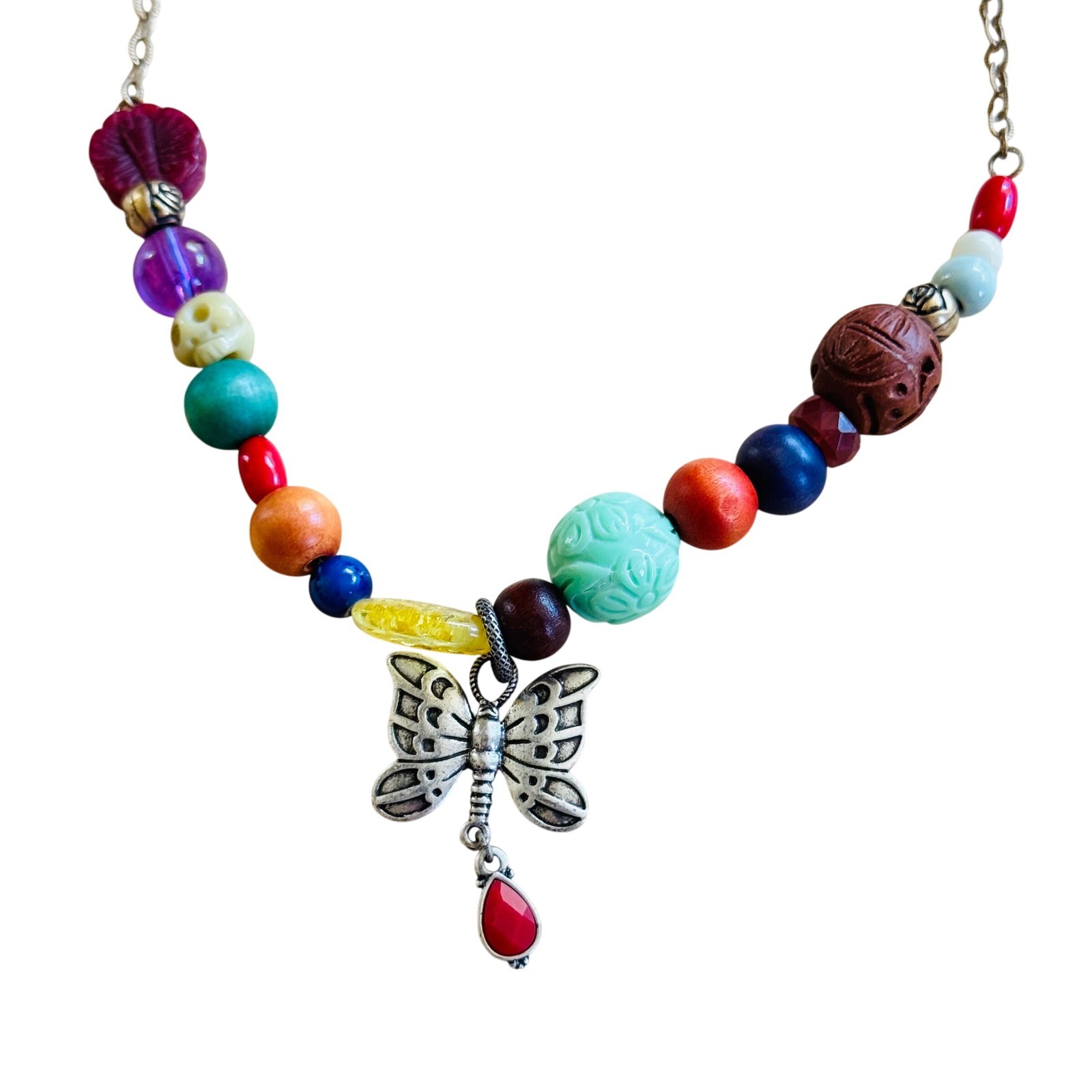 Lucky Brand Y2K Groovy Butterfly Necklace Brass Statement Chunky Boho Beaded