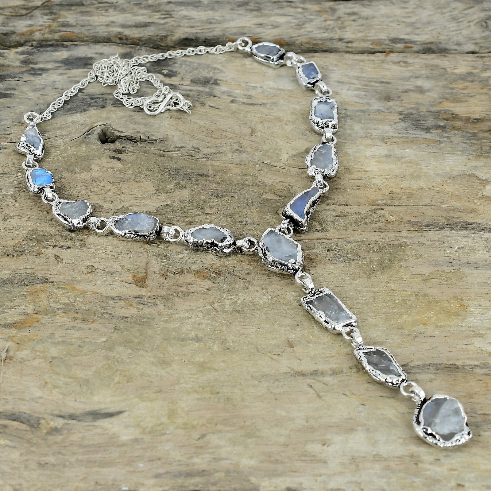 Moonstone Rough Copper Electroformed Silver Plated Adjustable Necklace 18.0″