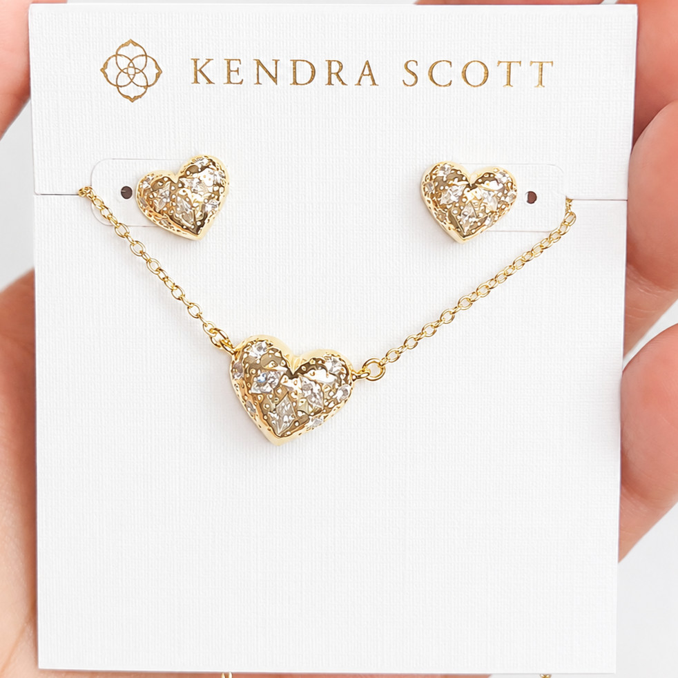 Kendra Scott Heart Pendant White Crystal 14K Gold Earrings and Necklace NEW SET
