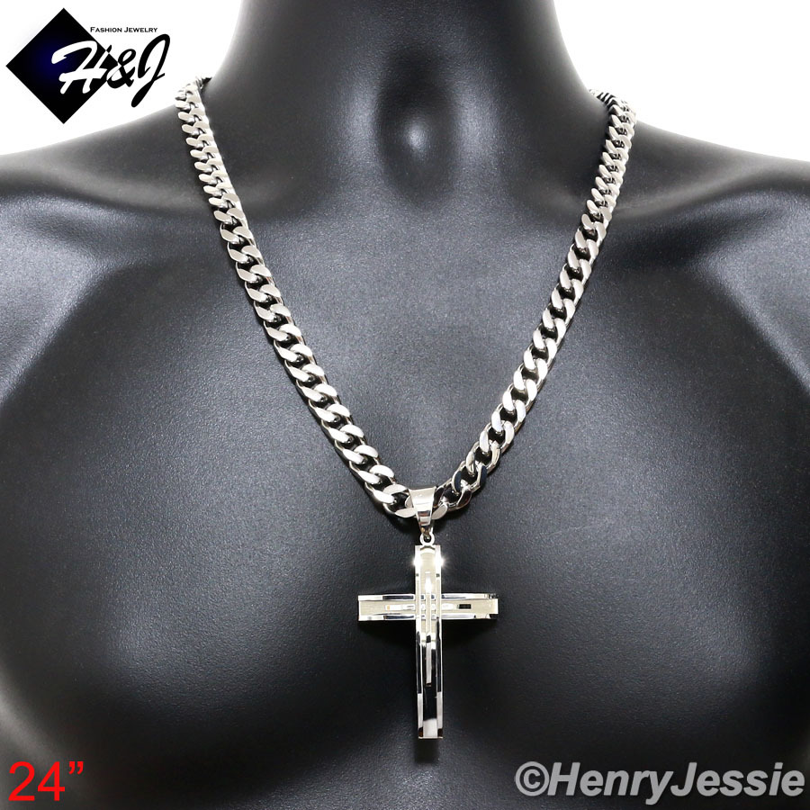 24″MEN Stainless Steel HEAVY 9mm Silver Cuban Curb Necklace Cross Pendant*A11