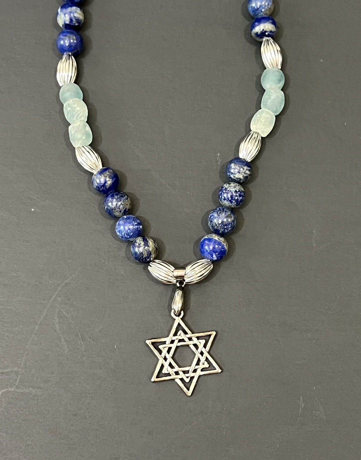 Handmade Jewish Star Of David Silver & Blue Beaded Elastic Chocker Necklace NEW