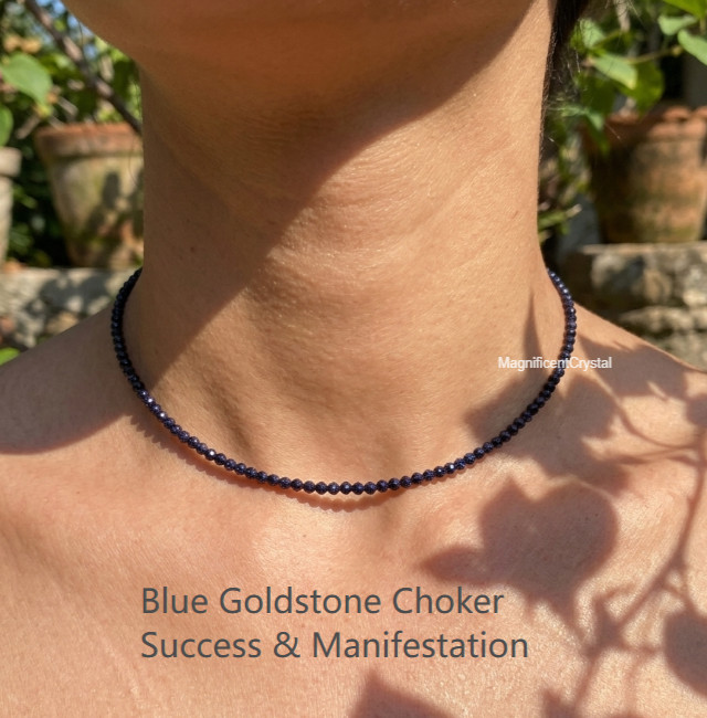 Genuine Blue Goldstone Choker Healing Spiritual Manifestation Crystal Women Gift
