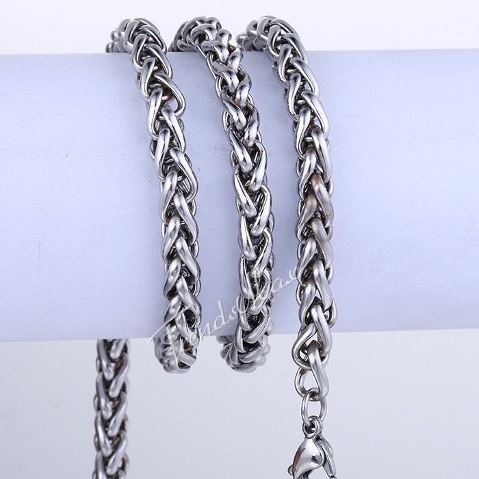 3/4/5/6/8/10mm Boys Men’s Chain Stainless Steel Wheat Link Silver Tone Necklace