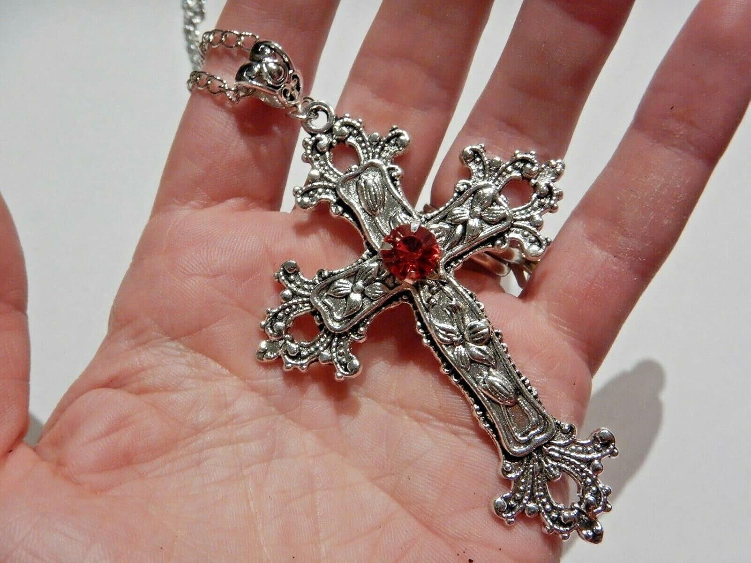 Large Gothic Cross Necklace Silver-Tone Pendant with Glass Stone, on 24″ Steel C