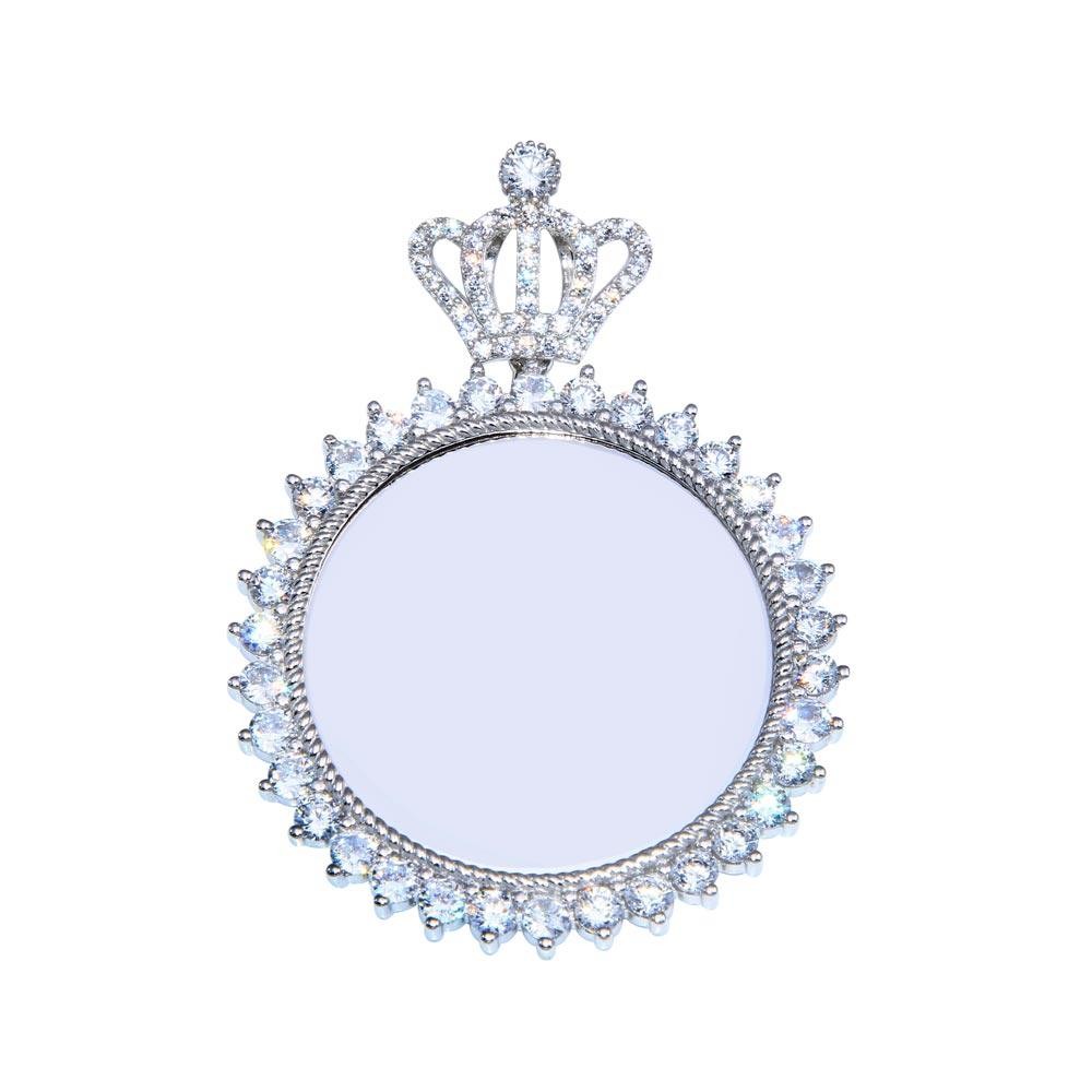 Rhodium Plated 925 Sterling Silver CZ Crown Mirror Pendant