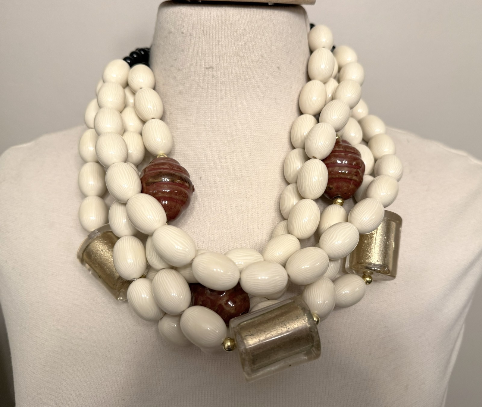 Cream Color Resin Beads & Large Gold Foil Acrylic Multi Strand Necklace