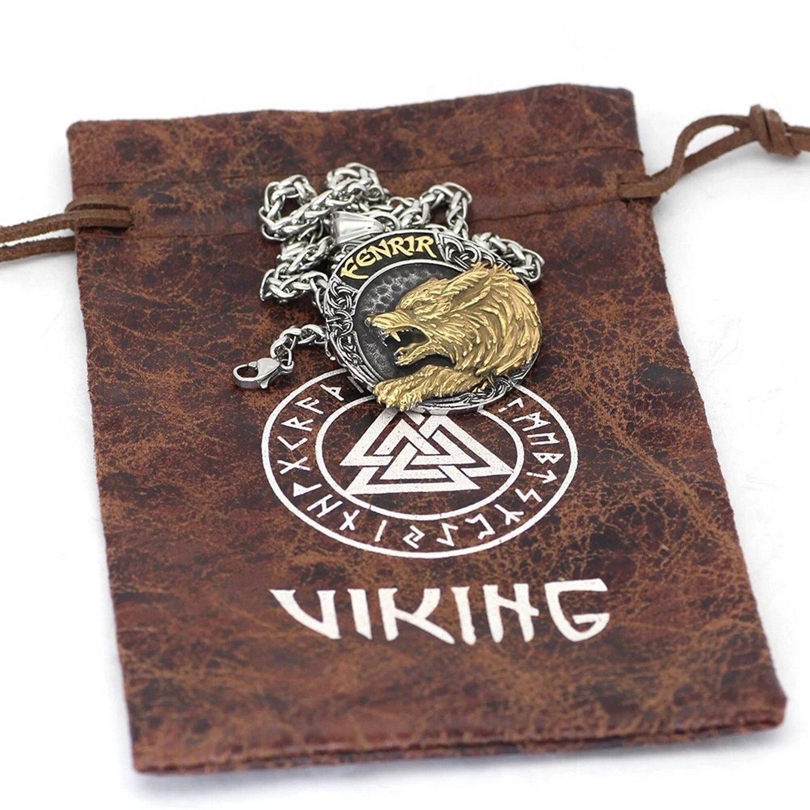 Fenrir Wolf Necklace Gold Silver Stainless Steel Helm of Awe Viking Pendant