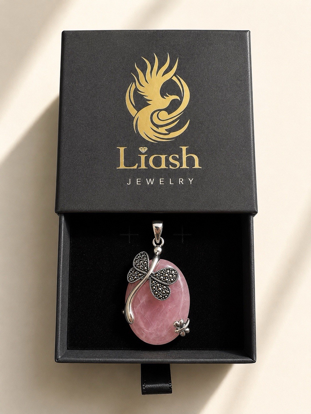 Large 2” Black Onyx Pendant 925 Sterling Silver Marcasite Butterfly Floral State