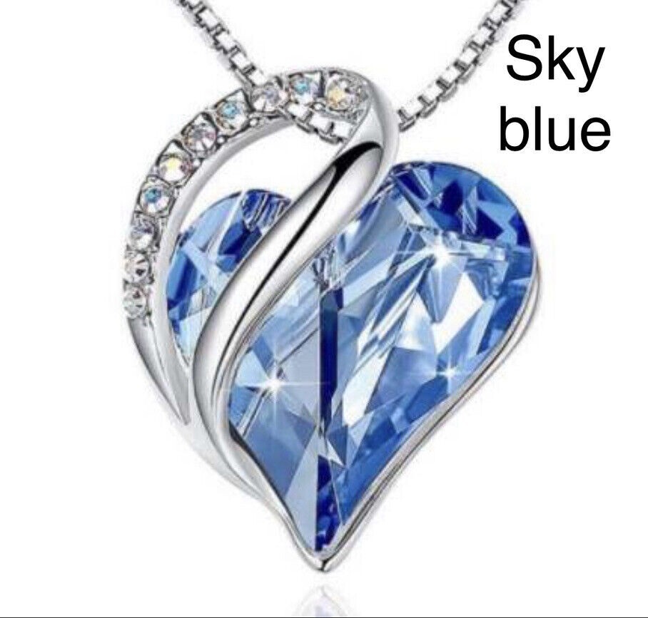 Birthstone Crystal Heart Shape Pendants Stainless Steel Necklace Women Girls