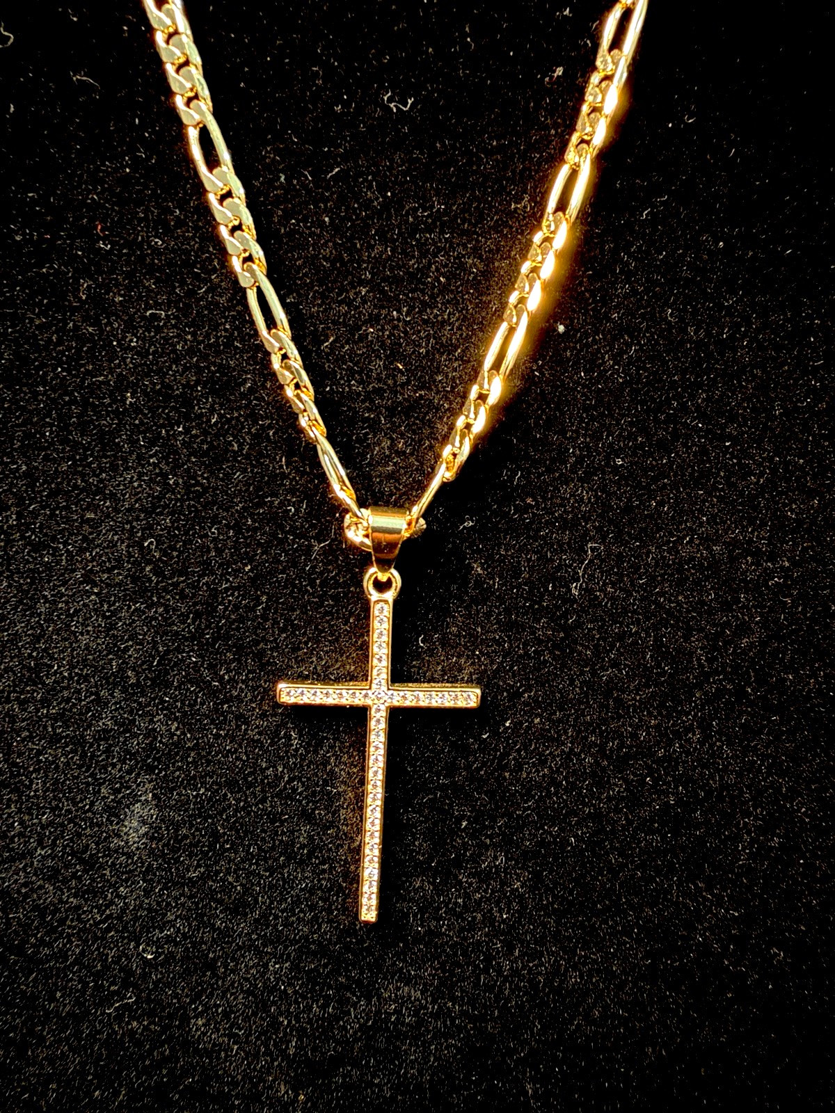 Dainty 18in 4MM Figaro Necklace Cross Pendant Religious 14K GP CZ Stones