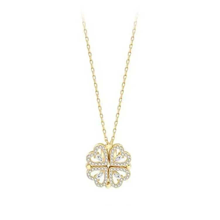 Four Leaf Clover Magnetic Folding Heart Crystal Pendant Necklace- Elegant